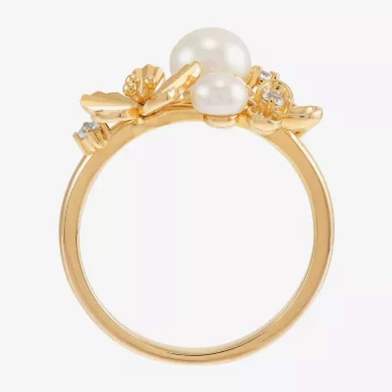 Womens 6-6.5MM White Cultured Freshwater Pearl 14K Gold Over Silver Flower Cocktail Ring