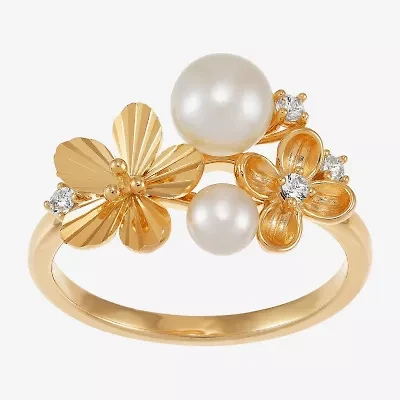Womens 6-6.5MM White Cultured Freshwater Pearl 14K Gold Over Silver Flower Cocktail Ring