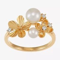 Womens 6-6.5MM White Cultured Freshwater Pearl 14K Gold Over Silver Flower Cocktail Ring