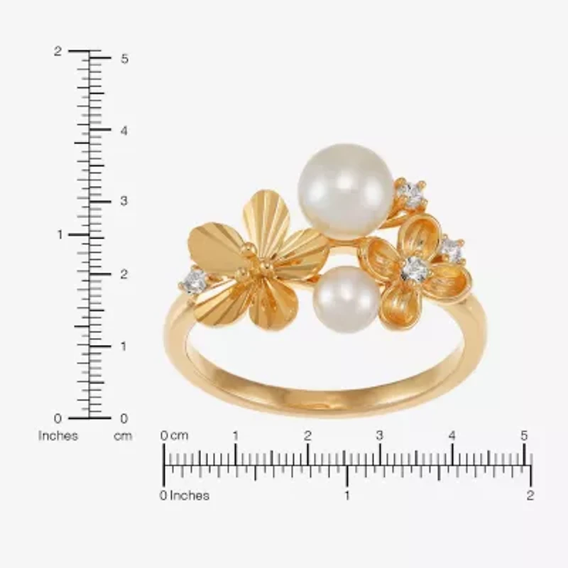 Womens 6-6.5MM White Cultured Freshwater Pearl 14K Gold Over Silver Flower Cocktail Ring