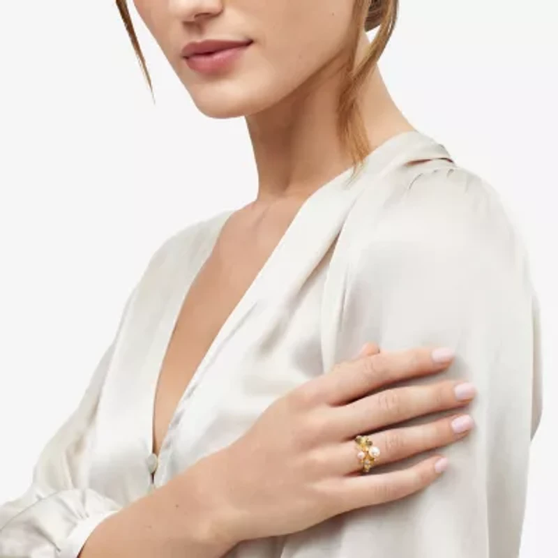 Womens 6-6.5MM White Cultured Freshwater Pearl 14K Gold Over Silver Flower Cocktail Ring