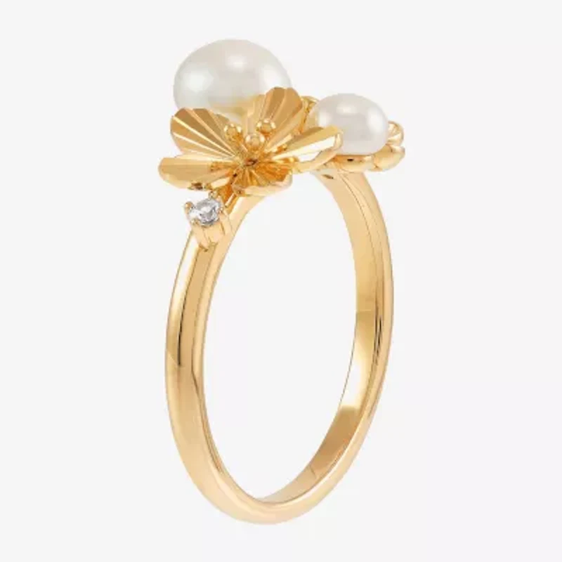 Womens 6-6.5MM White Cultured Freshwater Pearl 14K Gold Over Silver Flower Cocktail Ring
