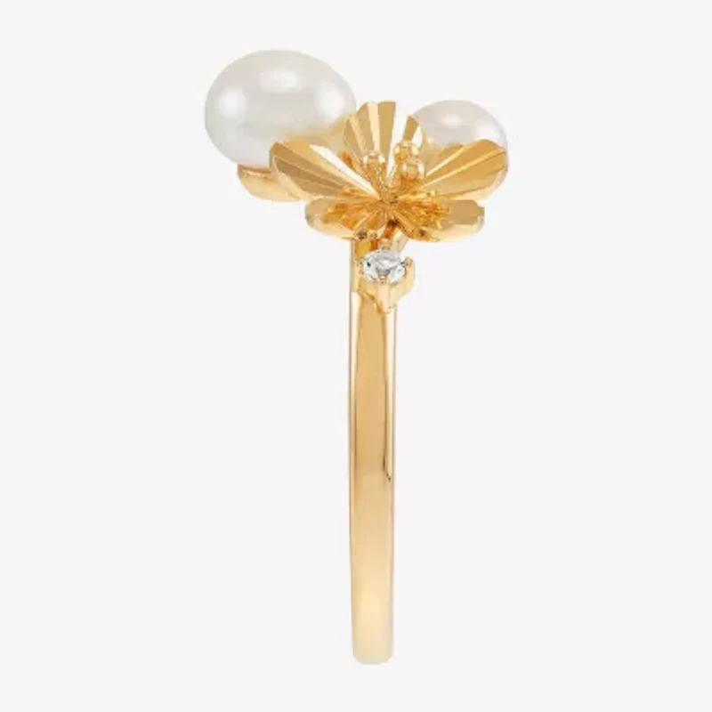 Womens 6-6.5MM White Cultured Freshwater Pearl 14K Gold Over Silver Flower Cocktail Ring