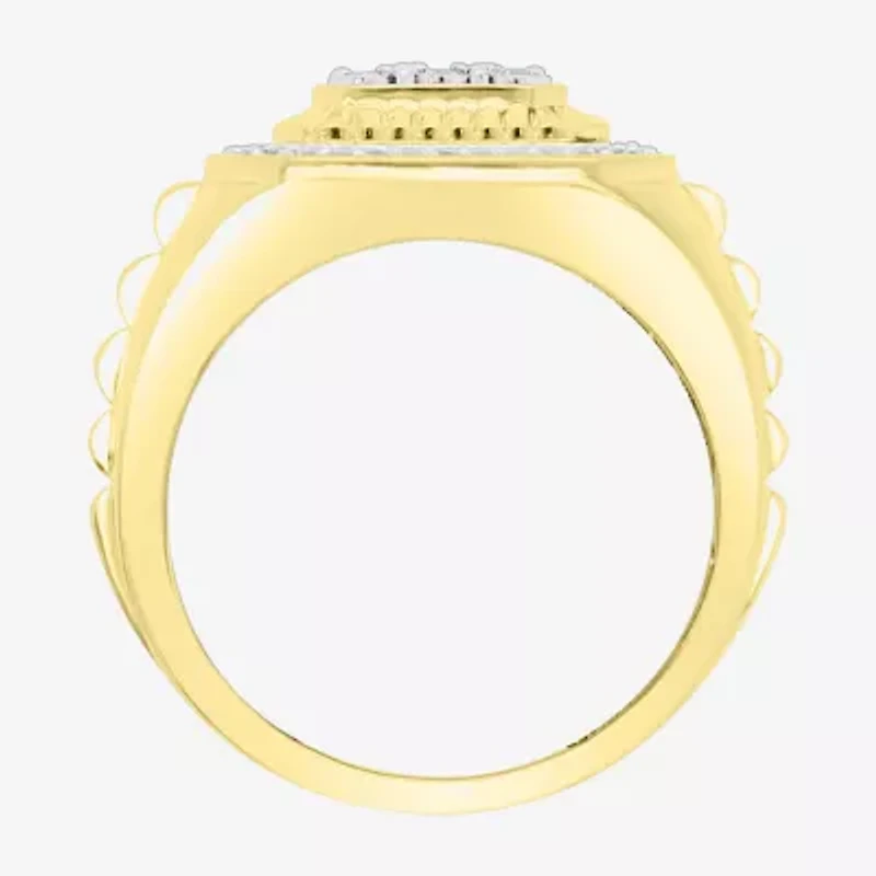 J / I3) Mens 1/ CT. T.W. Natural White Diamond 10K Gold Cushion Cocktail Ring