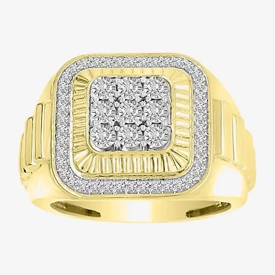 J / I3) Mens 1/ CT. T.W. Natural White Diamond 10K Gold Cushion Cocktail Ring