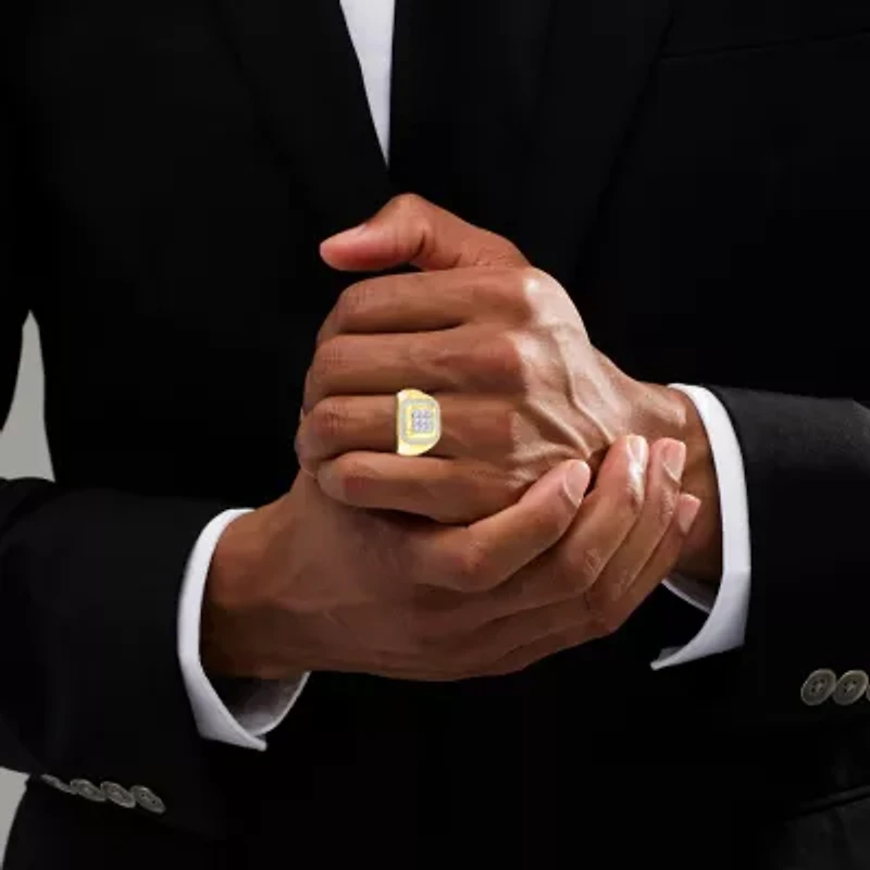 J / I3) Mens 1/ CT. T.W. Natural White Diamond 10K Gold Cushion Cocktail Ring