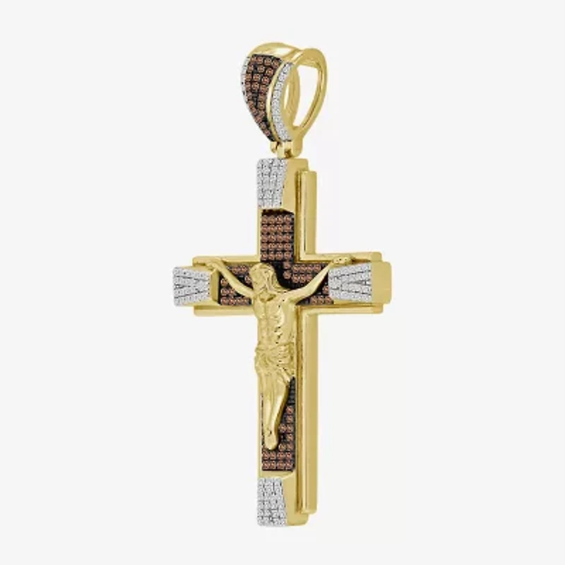 Crucifix (Brown / I3) Mens 1/2 CT. T.W. Natural Champagne Diamond 10K Gold Cross Pendant