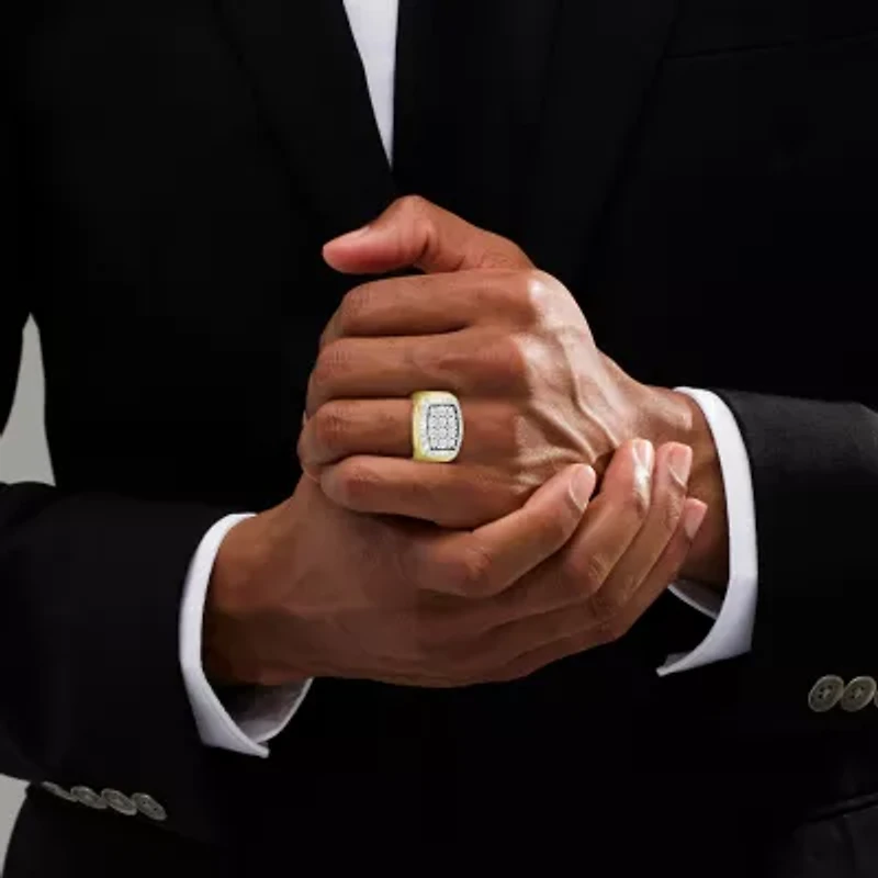 (J / I3) Mens 1/4 CT. T.W. Natural White Diamond 10K Gold Cushion Halo Cocktail Ring