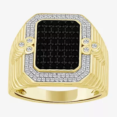 (Black / I3) Mens 3/4 CT. T.W. Natural Black Diamond 10K Gold Cushion Halo Cocktail Ring