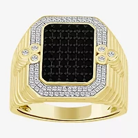 (Black / I3) Mens 3/4 CT. T.W. Natural Black Diamond 10K Gold Cushion Halo Cocktail Ring