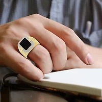 (Black / I3) Mens 3/4 CT. T.W. Natural Black Diamond 10K Gold Cushion Halo Cocktail Ring