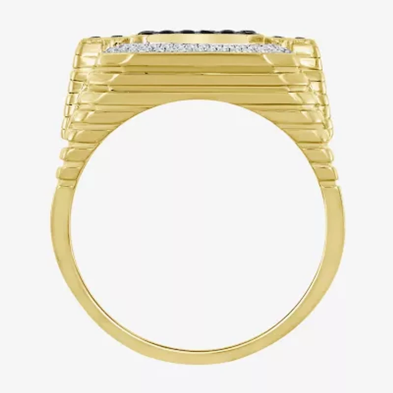 (Black / I3) Mens 3/4 CT. T.W. Natural Black Diamond 10K Gold Cushion Halo Cocktail Ring