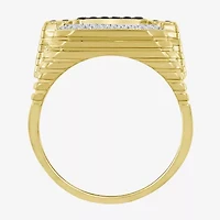 (Black / I3) Mens 3/4 CT. T.W. Natural Black Diamond 10K Gold Cushion Halo Cocktail Ring
