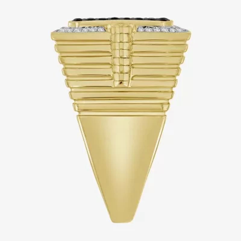 (Black / I3) Mens 3/4 CT. T.W. Natural Black Diamond 10K Gold Cushion Halo Cocktail Ring