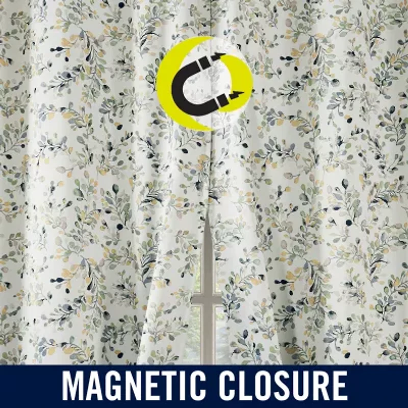Sun Zero Maureen Painted Foliage Magnetic Closure Grommet Top 100% Blackout Set of 2 Curtain Panel