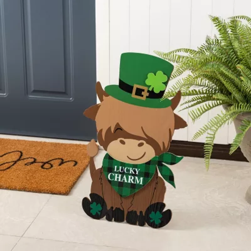 Glitzhome 24" Wooden Highland Cow St. Patricks Day Porch Sign