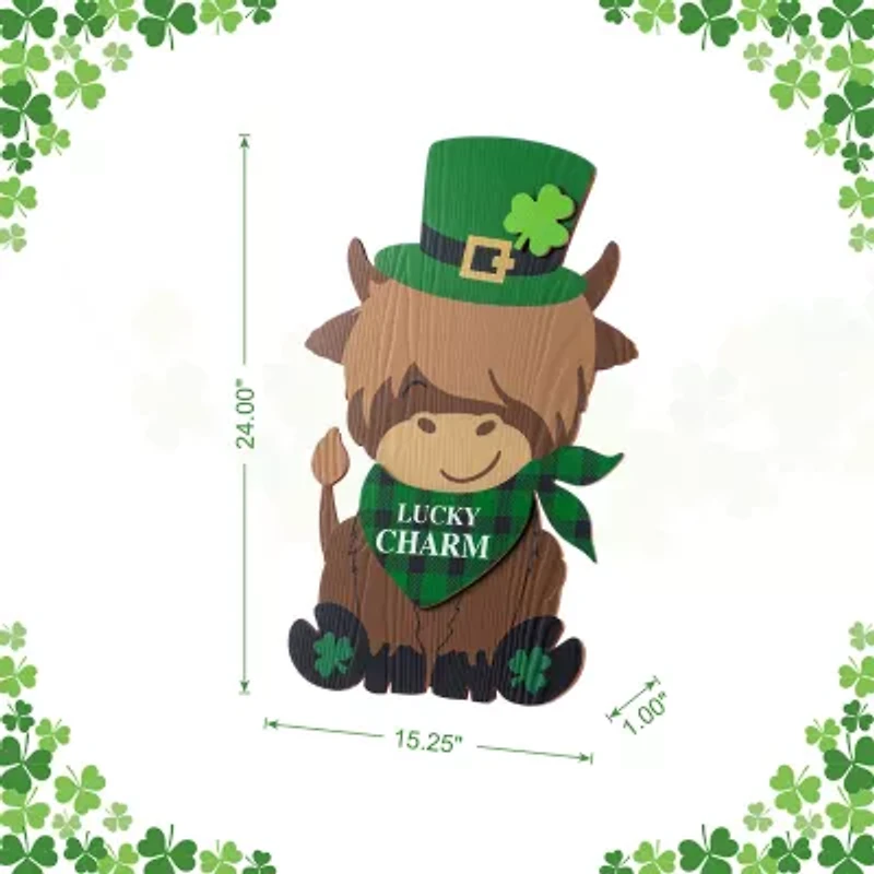 Glitzhome 24" Wooden Highland Cow St. Patricks Day Porch Sign