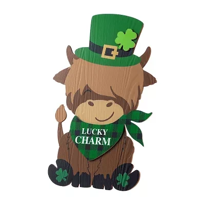 Glitzhome 24" Wooden Highland Cow St. Patricks Day Porch Sign