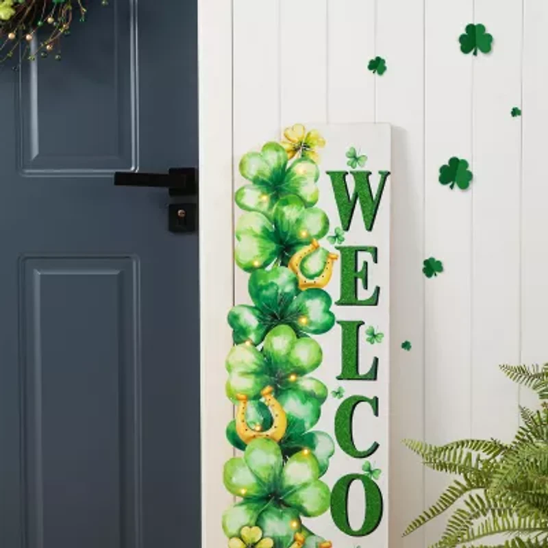 Glitzhome 42" Lighted Wood Stacked Shamrock St. Patricks Day Porch Sign