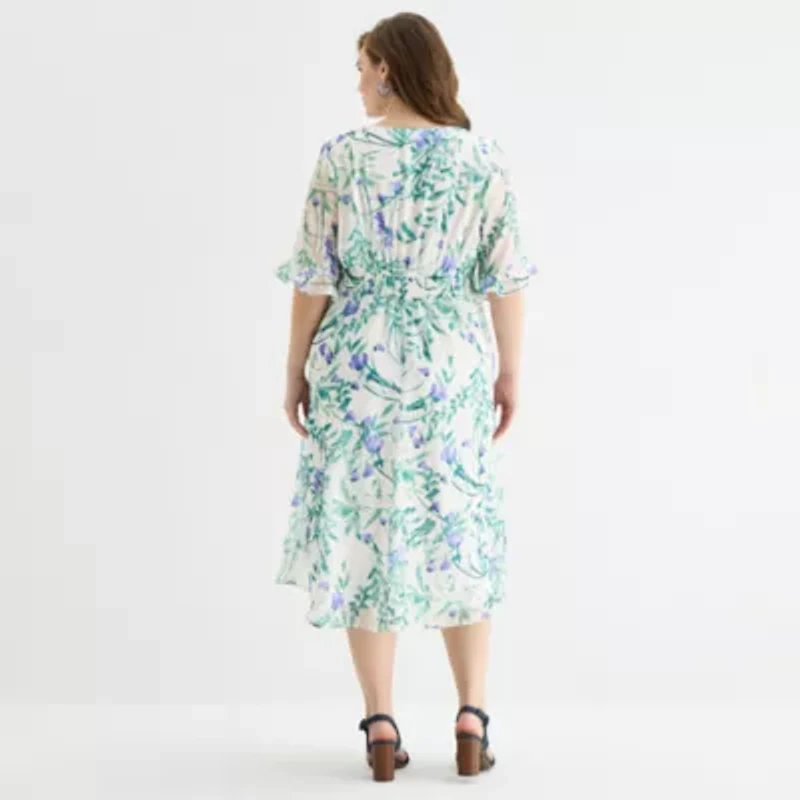 Perceptions Womens Plus Elbow Sleeve Floral Midi Fit + Flare Dress