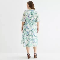 Perceptions Womens Plus Elbow Sleeve Floral Midi Fit + Flare Dress