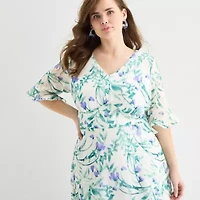 Perceptions Womens Plus Elbow Sleeve Floral Midi Fit + Flare Dress