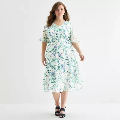 Perceptions Womens Plus Elbow Sleeve Floral Midi Fit + Flare Dress