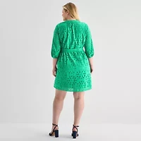 Perceptions Womens Plus 3/4 Sleeve Fit + Flare Dress