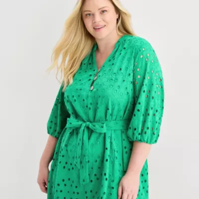 Perceptions Womens Plus 3/4 Sleeve Fit + Flare Dress