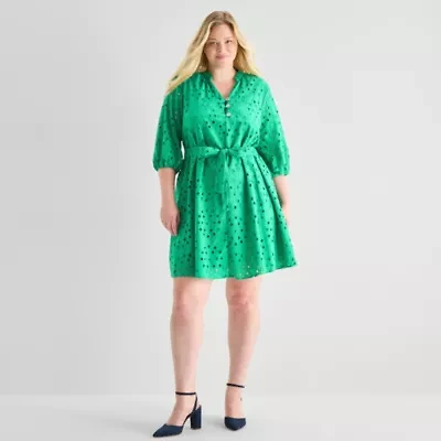 Perceptions Womens Plus 3/4 Sleeve Fit + Flare Dress