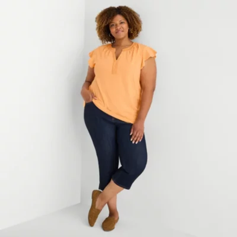 St. John's Bay Womens Plus Split Crew Neck Short Sleeve Blouse