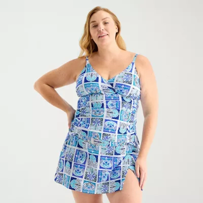 Liz Claiborne Womens Comfort Straps Shirred Patchwork Plus Tankini Swimsuit Top