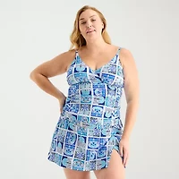 Liz Claiborne Womens Comfort Straps Shirred Patchwork Plus Tankini Swimsuit Top