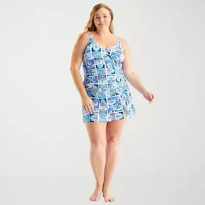 Liz Claiborne Womens Comfort Straps Shirred Patchwork Plus Tankini Swimsuit Top