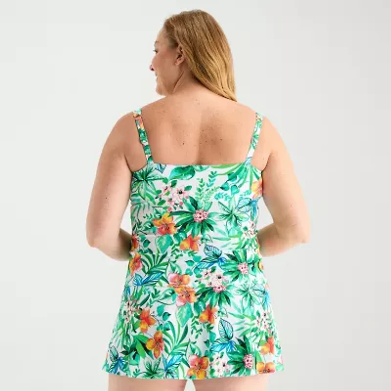 Liz Claiborne Womens Comfort Straps Lined Shirred Tropical Floral Plus Tankini Swimsuit Top