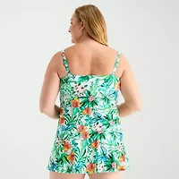 Liz Claiborne Womens Comfort Straps Lined Shirred Tropical Floral Plus Tankini Swimsuit Top