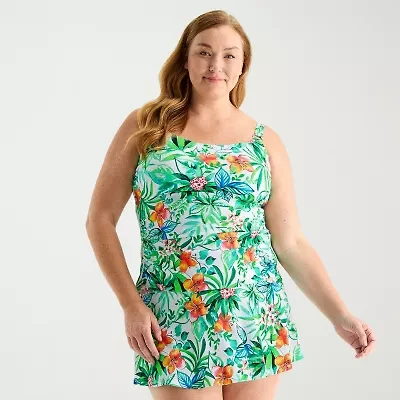 Liz Claiborne Womens Comfort Straps Lined Shirred Tropical Floral Plus Tankini Swimsuit Top