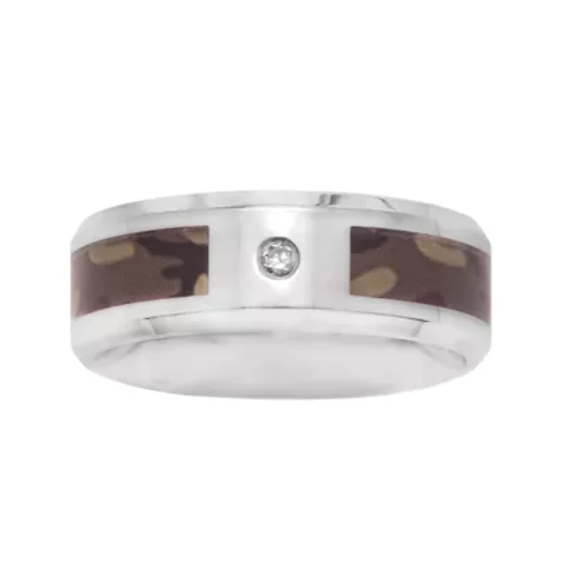 Mens 8mm Stainless Steel Diamond-Accent Camouflage Wedding Band