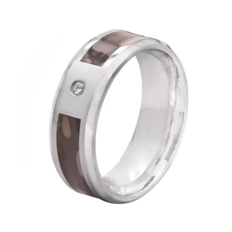 Mens 8mm Stainless Steel Diamond-Accent Camouflage Wedding Band