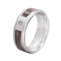 Mens 8mm Stainless Steel Diamond-Accent Camouflage Wedding Band