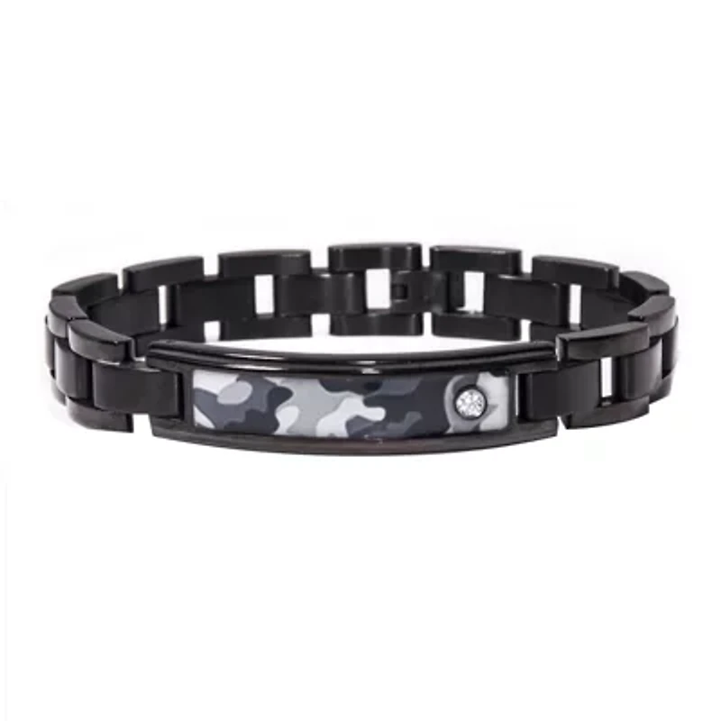 Mens Diamond-Accent Stainless Steel Camouflage ID Bracelet