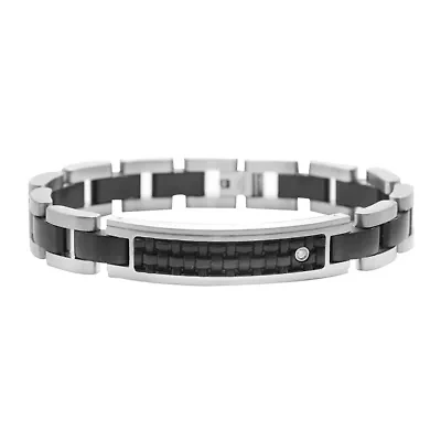 Mens Diamond-Accent Stainless Steel & Leather ID Bracelet