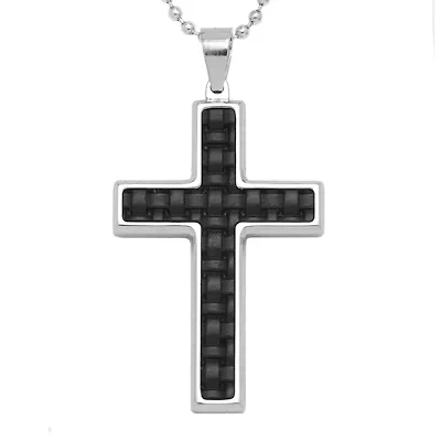 Mens Stainless Steel & Leather Cross Pendant Necklace