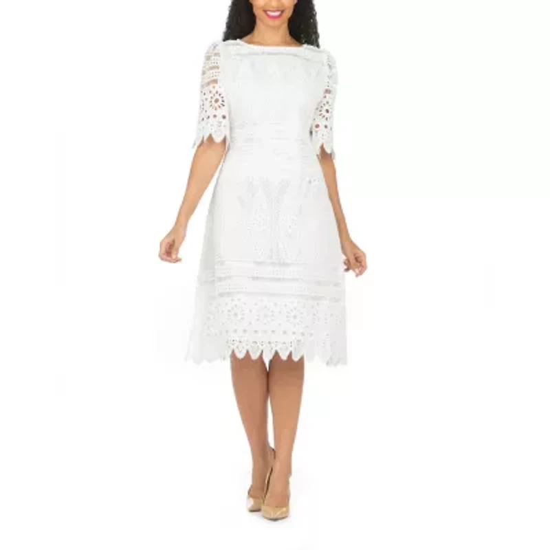Giovanna Signature Womens Short Sleeve Eyelet Midi Fit + Flare Dress