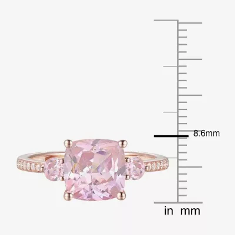 Womens Lab Created Pink Sapphire 14K Rose Gold Over Silver Cushion 3-Stone Side Stone Cocktail Ring