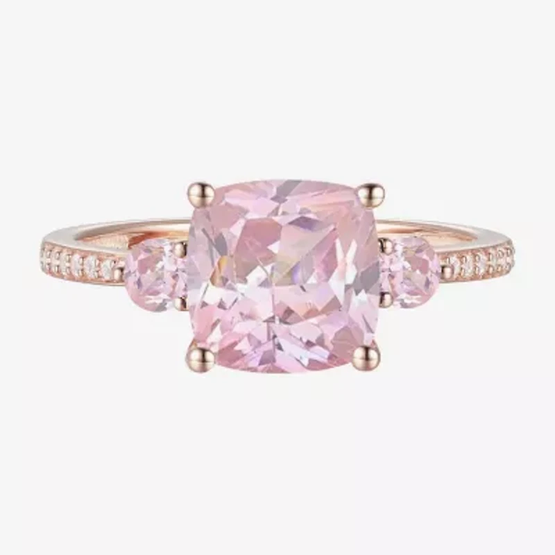 Womens Lab Created Pink Sapphire 14K Rose Gold Over Silver Cushion 3-Stone Side Stone Cocktail Ring