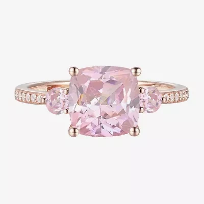 Womens Lab Created Pink Sapphire 14K Rose Gold Over Silver Cushion 3-Stone Side Stone Cocktail Ring