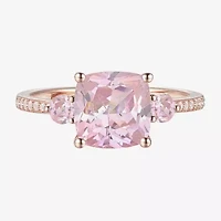 Womens Lab Created Pink Sapphire 14K Rose Gold Over Silver Cushion 3-Stone Side Stone Cocktail Ring