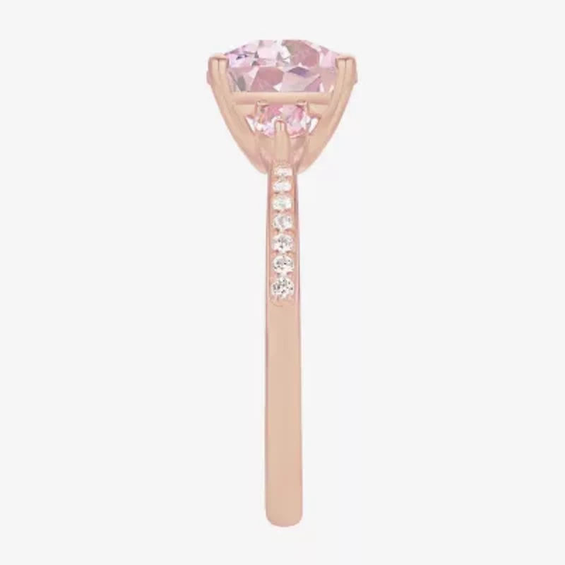 Womens Lab Created Pink Sapphire 14K Rose Gold Over Silver Cushion 3-Stone Side Stone Cocktail Ring