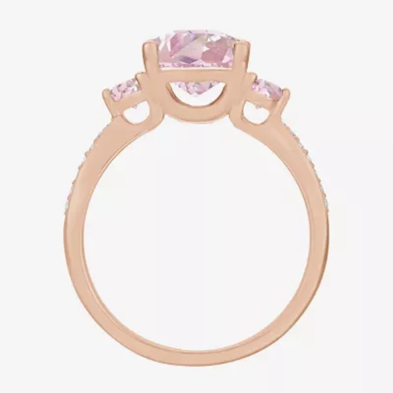 Womens Lab Created Pink Sapphire 14K Rose Gold Over Silver Cushion 3-Stone Side Stone Cocktail Ring